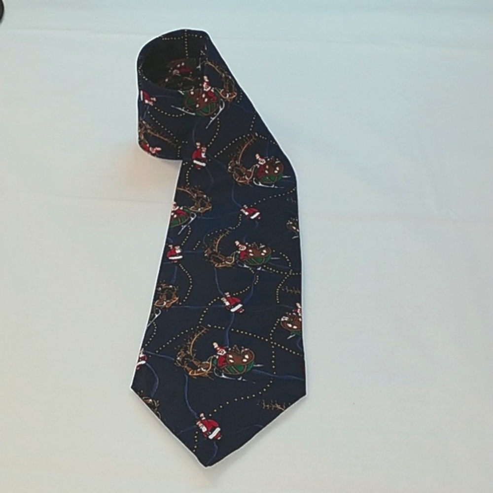 Vintage Christmas Tie Navy Blue with Santa Claus Sleigh Reindeer EUC